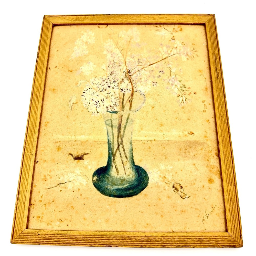 Antique Watercolor Lilac Flowers Glass Vase Painting Signed A Lemaine Framed Art